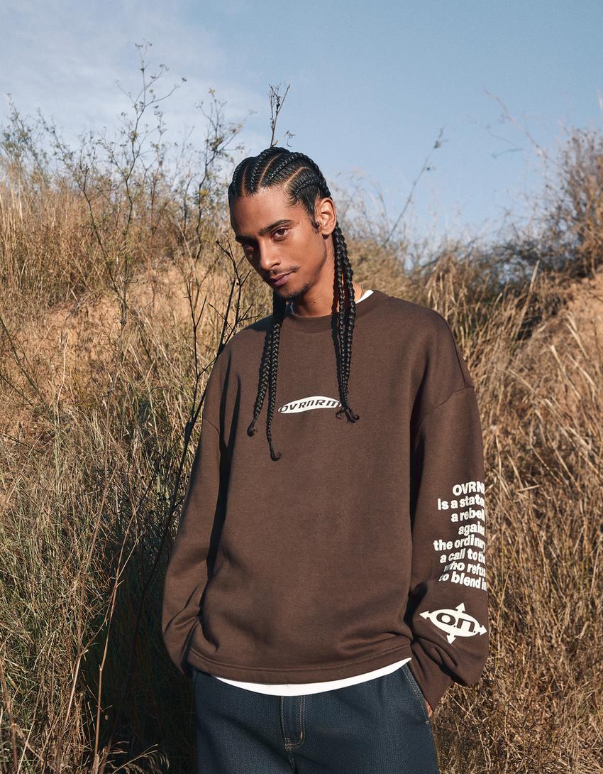Oversize baskılı sweatshirt-Kahverengi