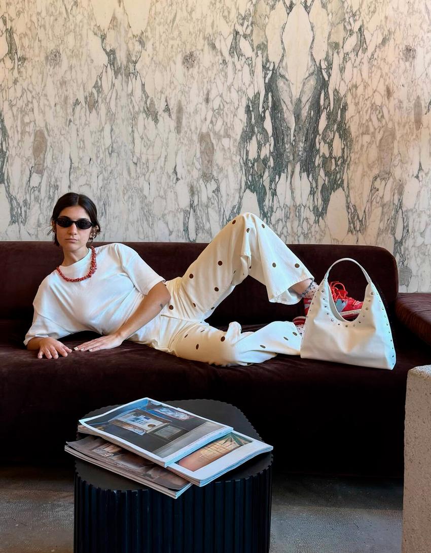 Puantiye desenli geniş paça jean-Krem