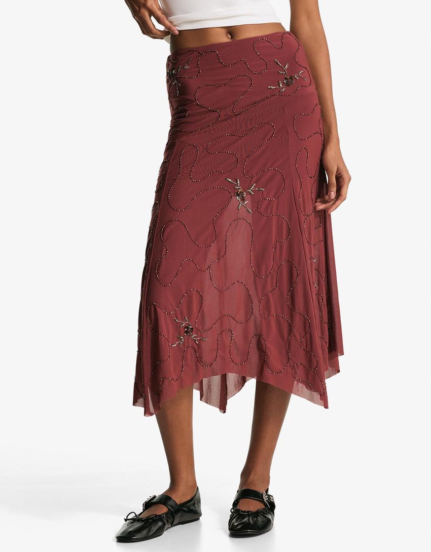 تنورة ميدي غير متماثلة بتطريز لامع-بنفسجي