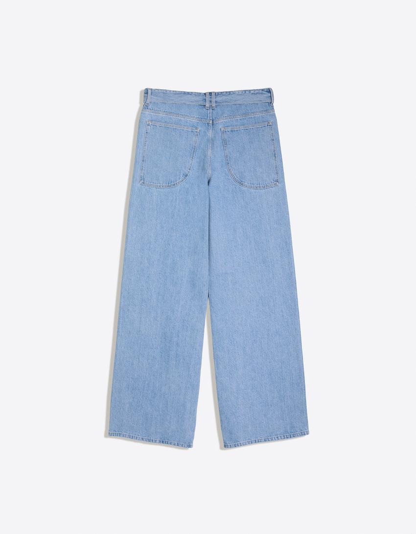 Barrel Jeans mit umgeschlagenem Bund-Ausgewaschenes Blau