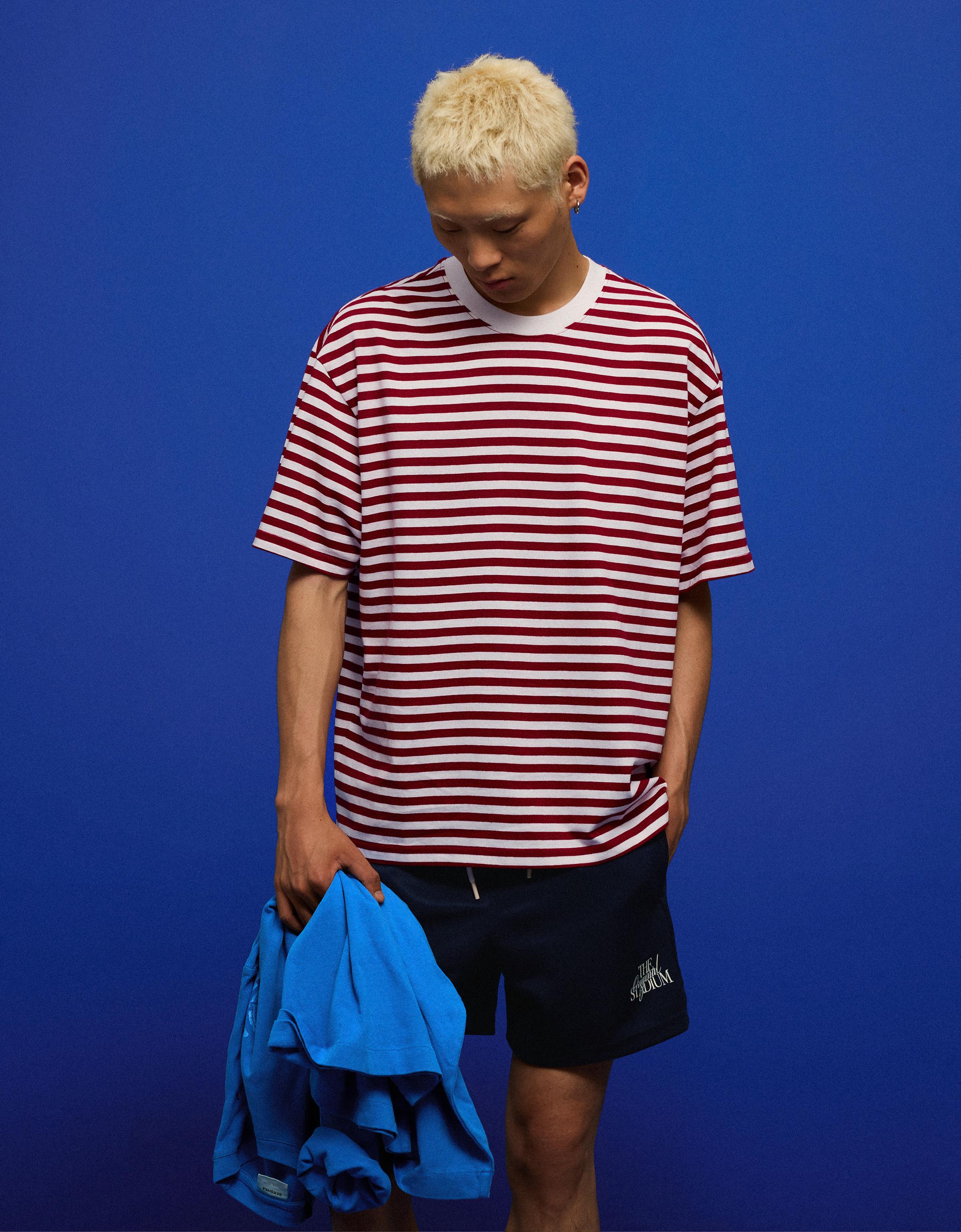 Bershka Camiseta Relaxed Rayas Hombre Rojo