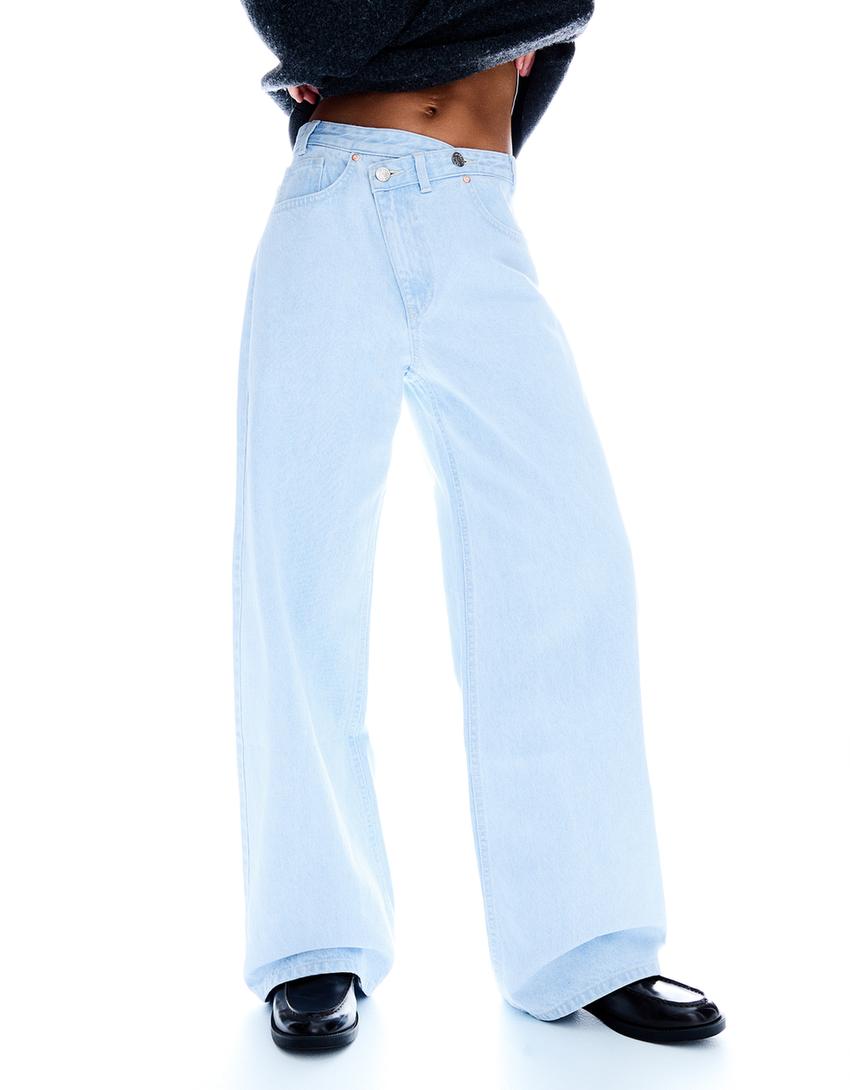 Çapraz belli yüksek bel geniş paça jean-Açık mavi