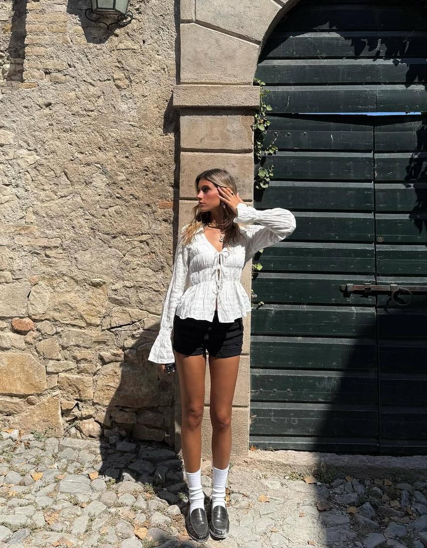 Rustieke blouse met plooi-Wit