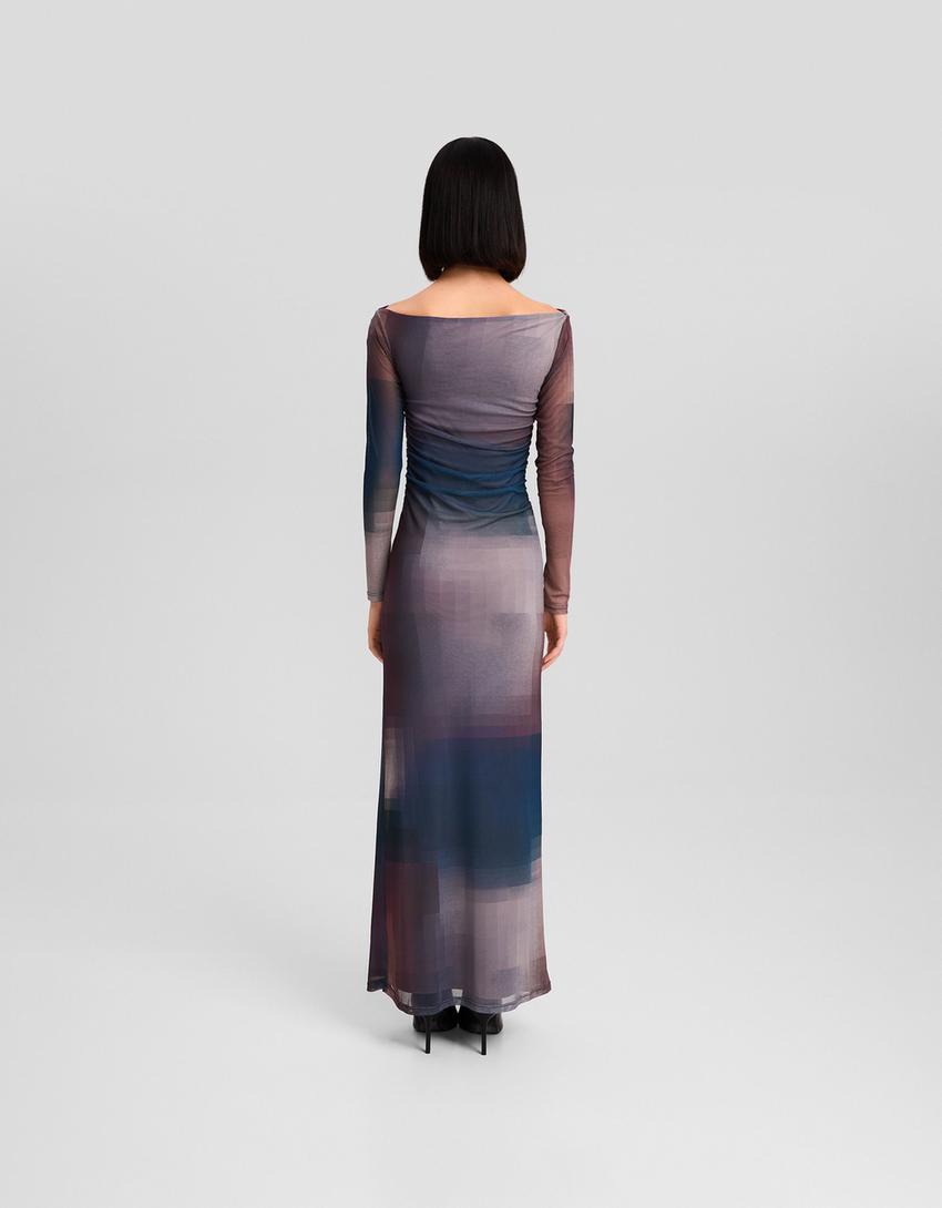Long tulle dress with long sleeves and a print-Violet