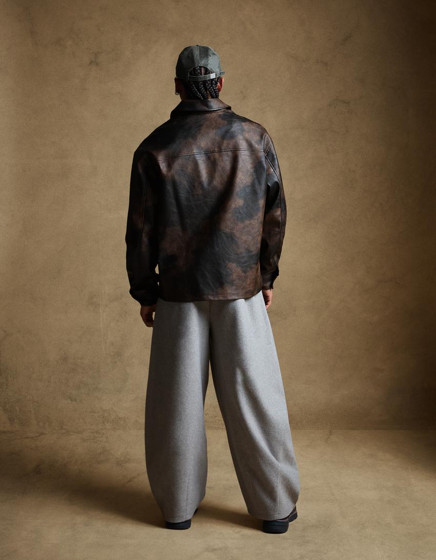 Leather effect boxy-fit overshirt-Brown