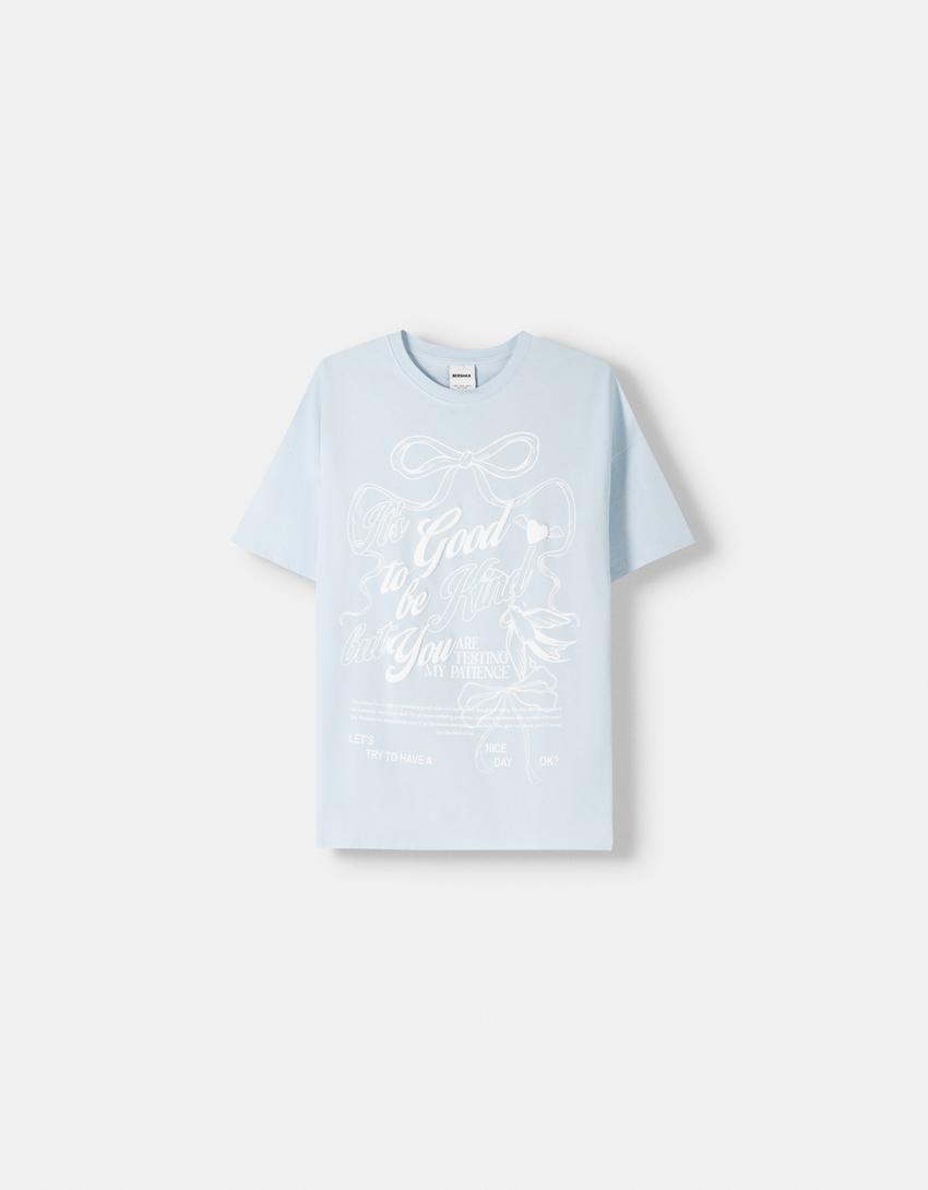 تيشرت فضفاض بأكمام قصيرة وطبعة-أزرق فاتح-4