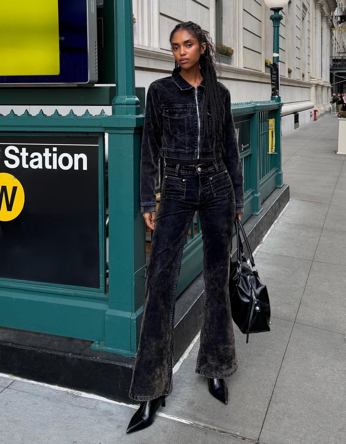 Denim jacket and bell bottom flock jeans set