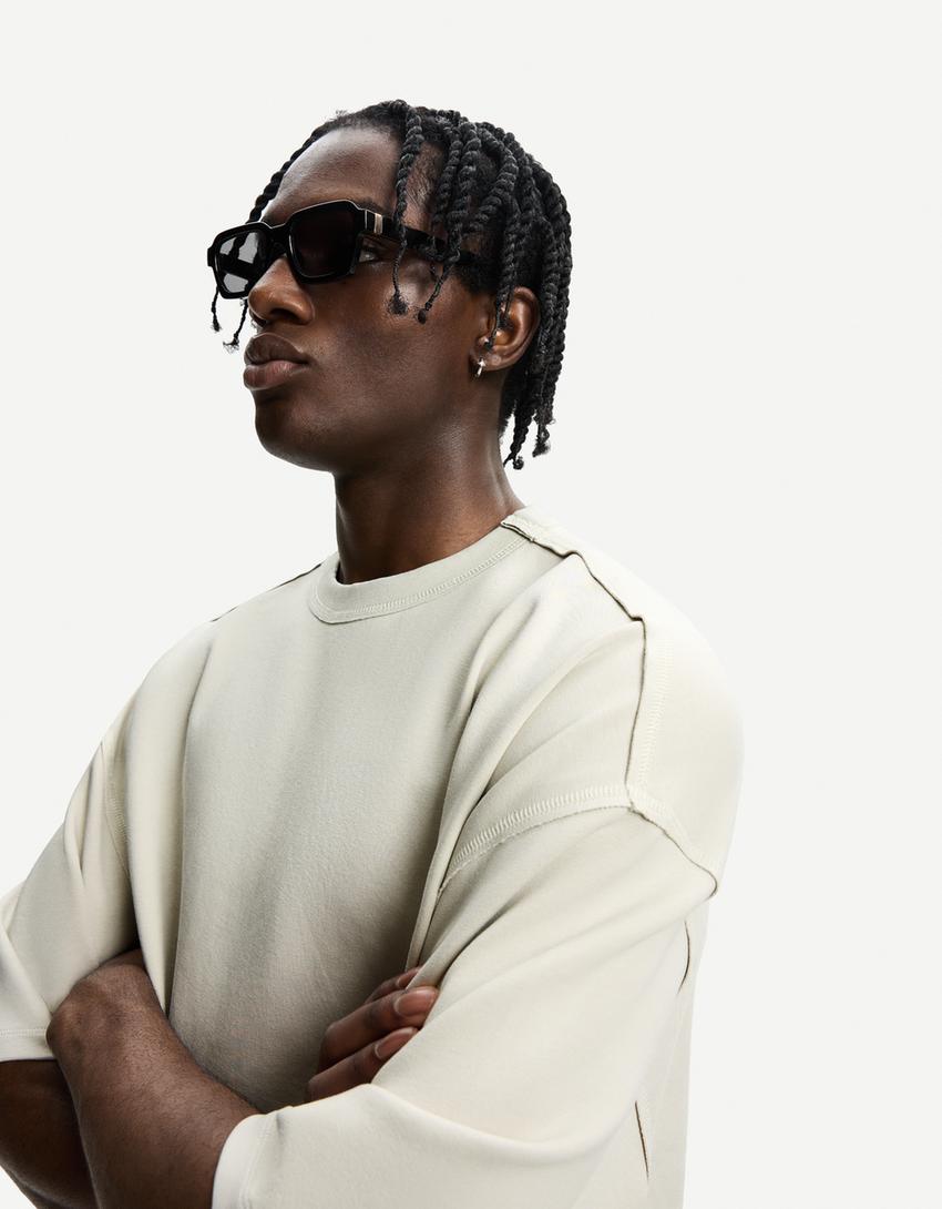 Oversize Interlock T-Shirt mit kurzen Ärmeln-Steinfarbe