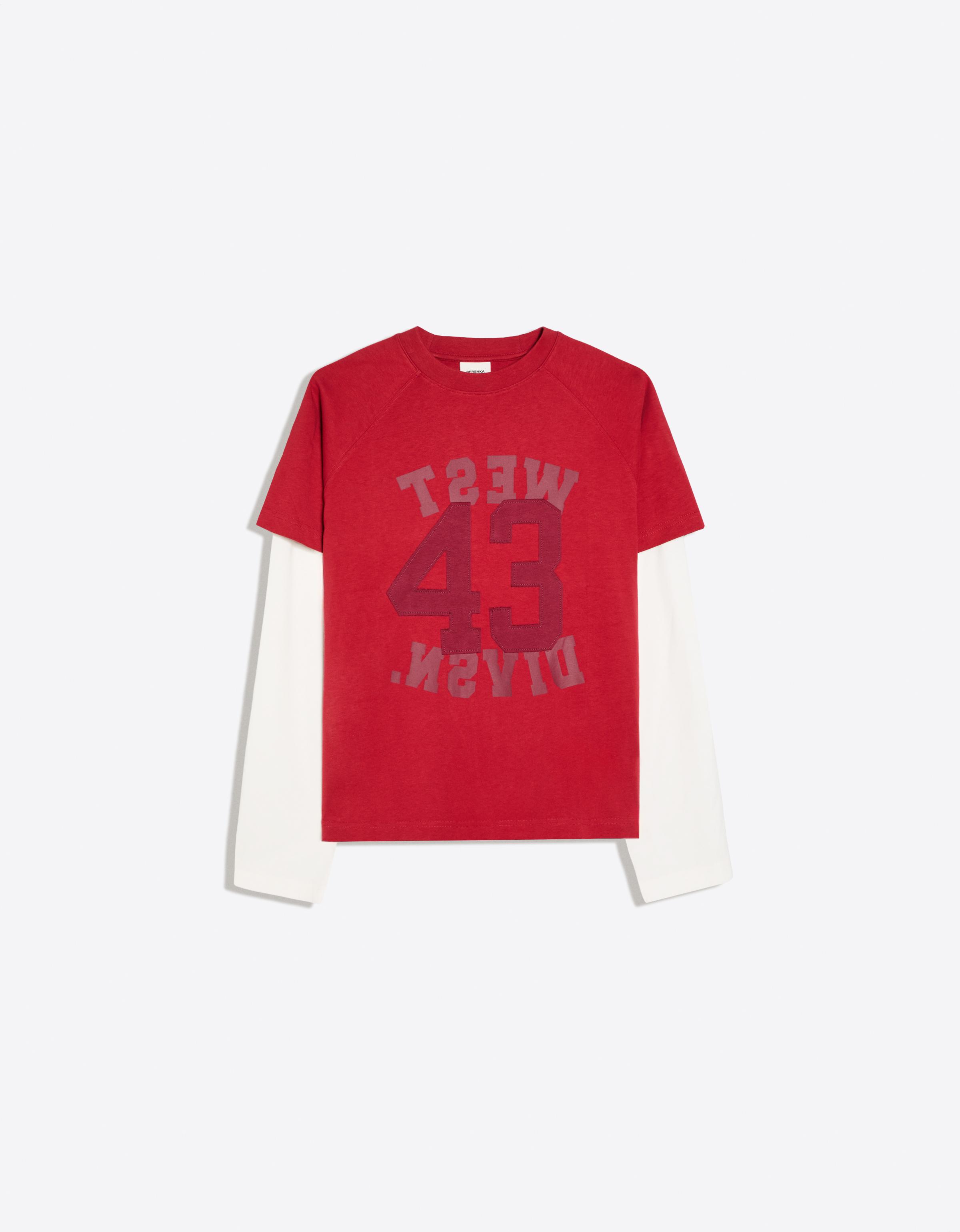 Bershka Camiseta Doble Manga Print Hombre L Rojo