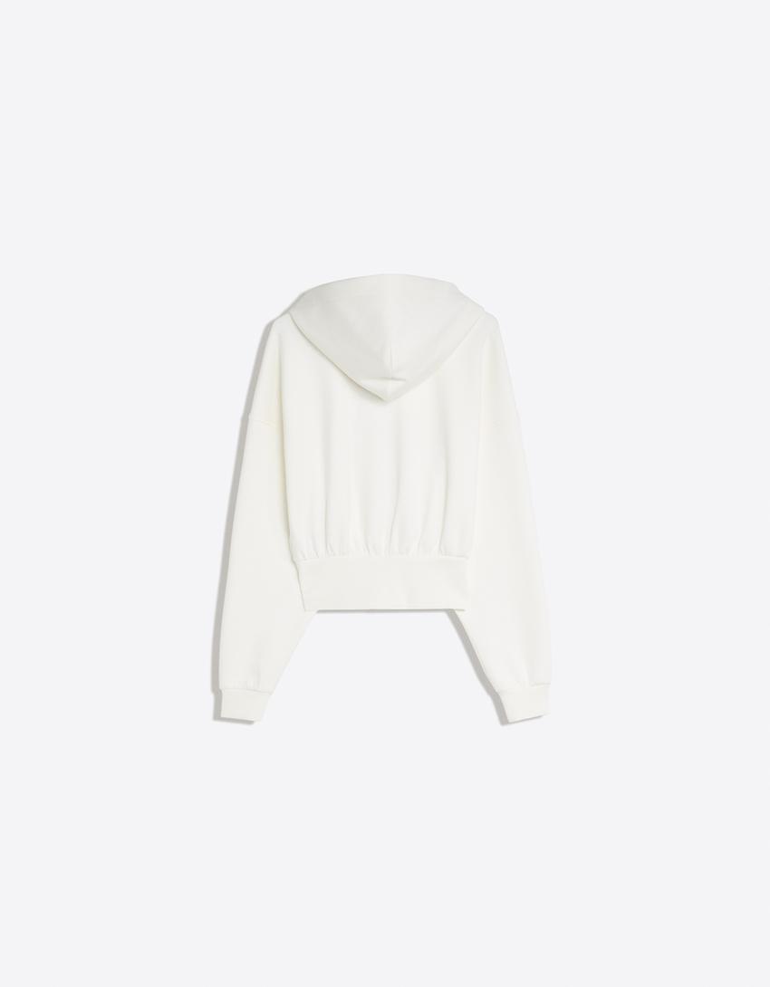 Fermuarlı kapüşonlu sweatshirt-Krem