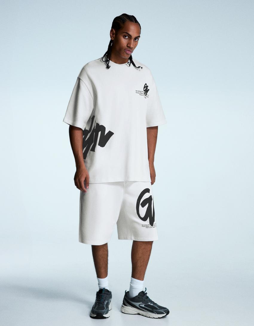 Bermuda felpa print-Blanco