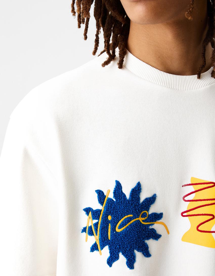 T-shirt manches courtes molleton imprimé-Blanc-5