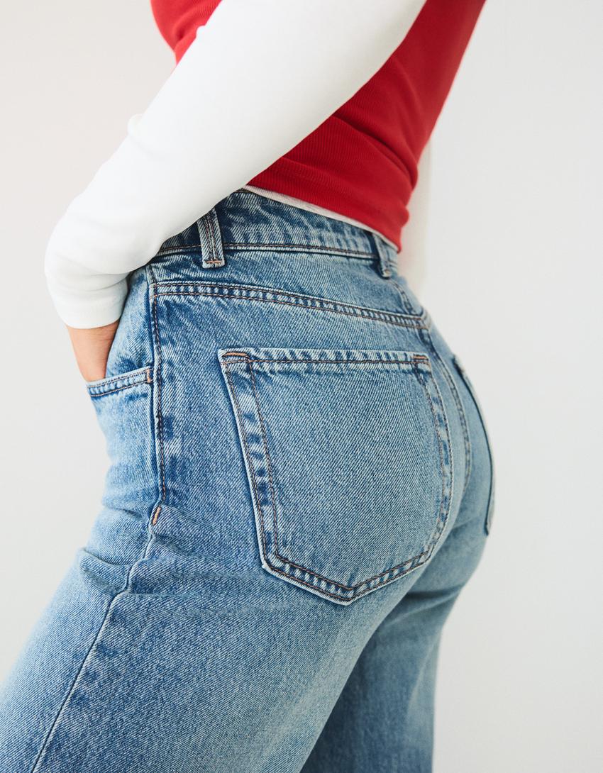 Jeans wide leg straight tiro alto-Azul lavado