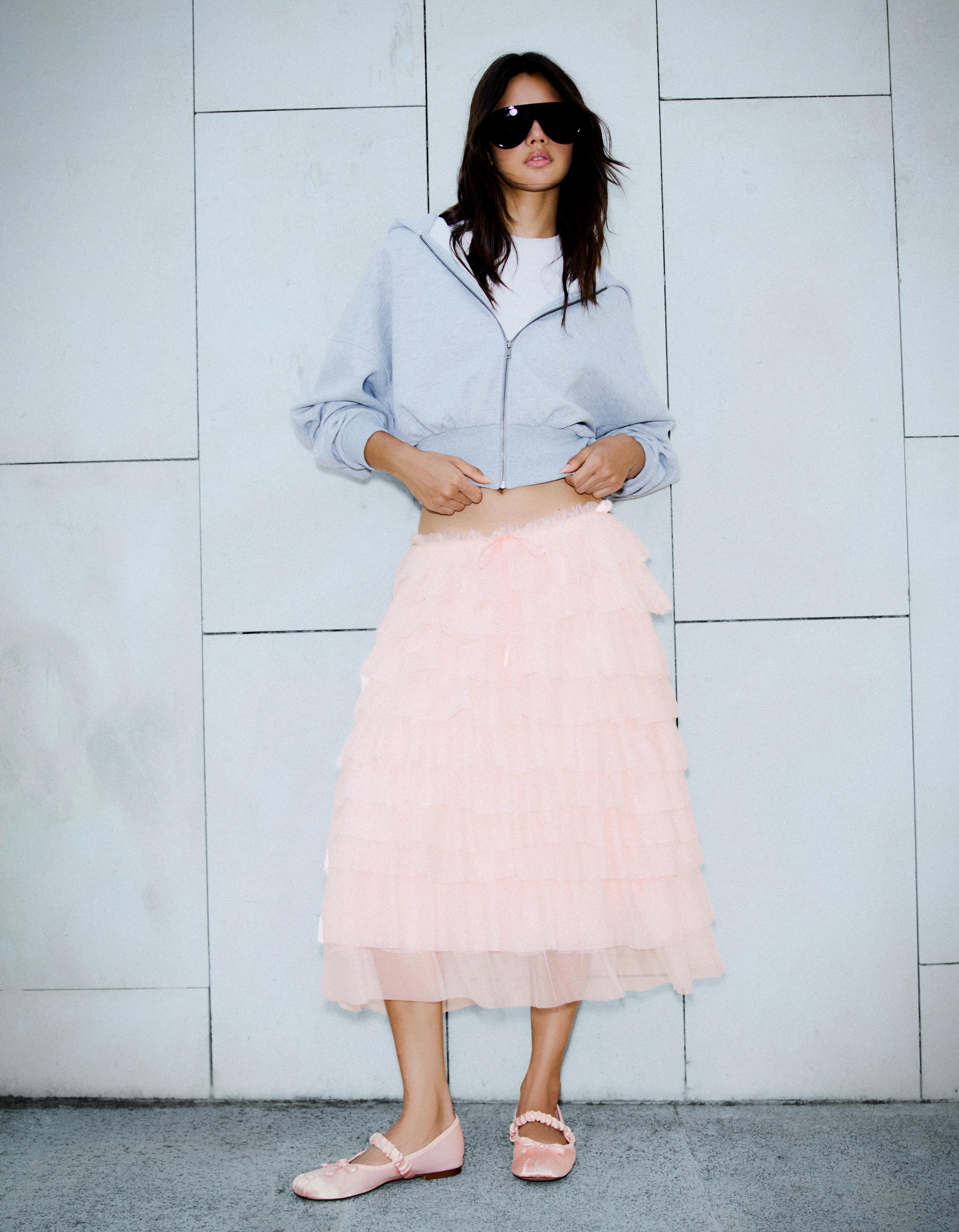 Layered tulle midi skirt — Orange