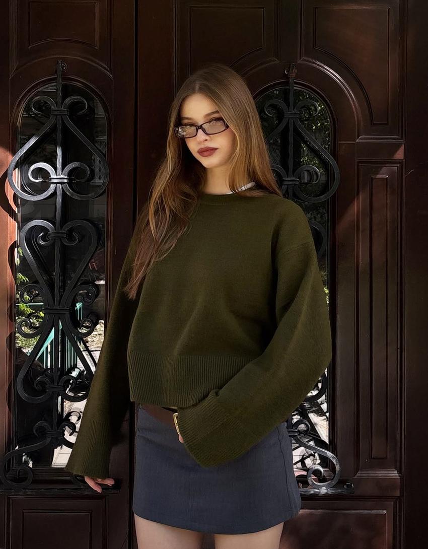 Oversize sweater with ribbed hem-Green