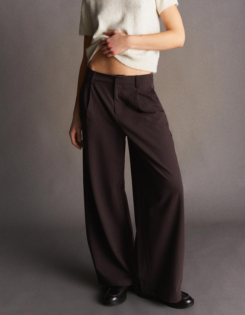 Pantalon volume double tissu-Marron