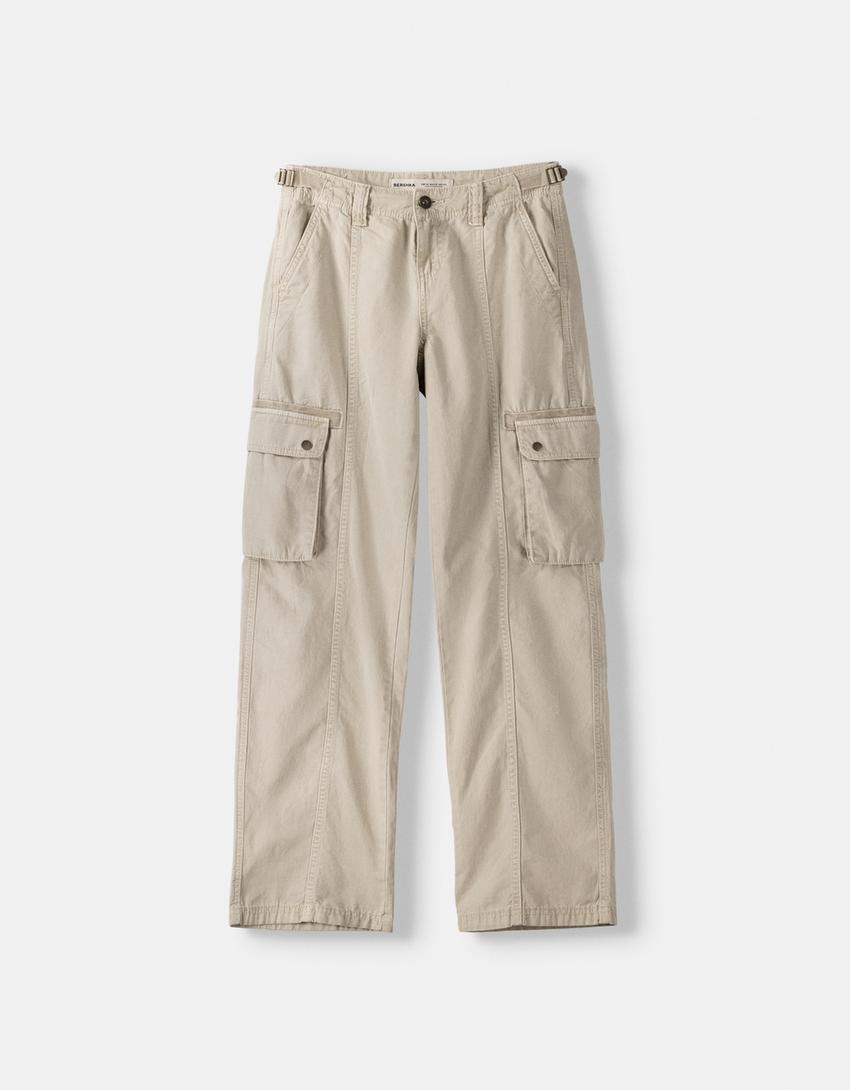 Calças straight cargo ajustáveis algodão-Areia-4