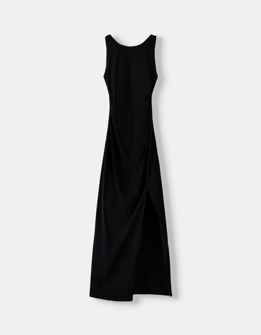 Vestido midi sem mangas justo bengalina-Preto-5