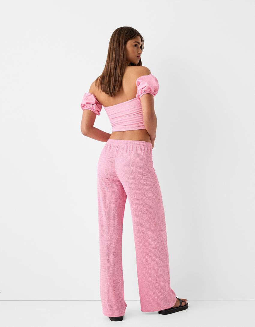 Poplin sleeve chenille top-Pink-1