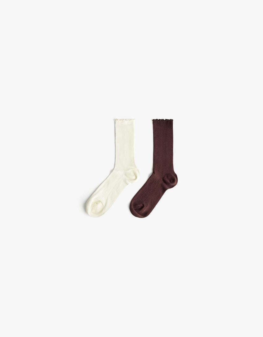 Pack of 2 lettuce-edge ribbed socks-Brown-0