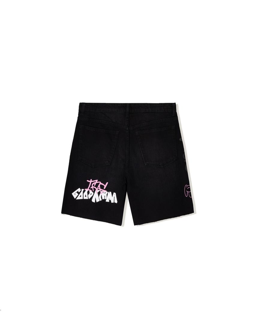 Denim-Bermudas mit Print-Schwarz-1