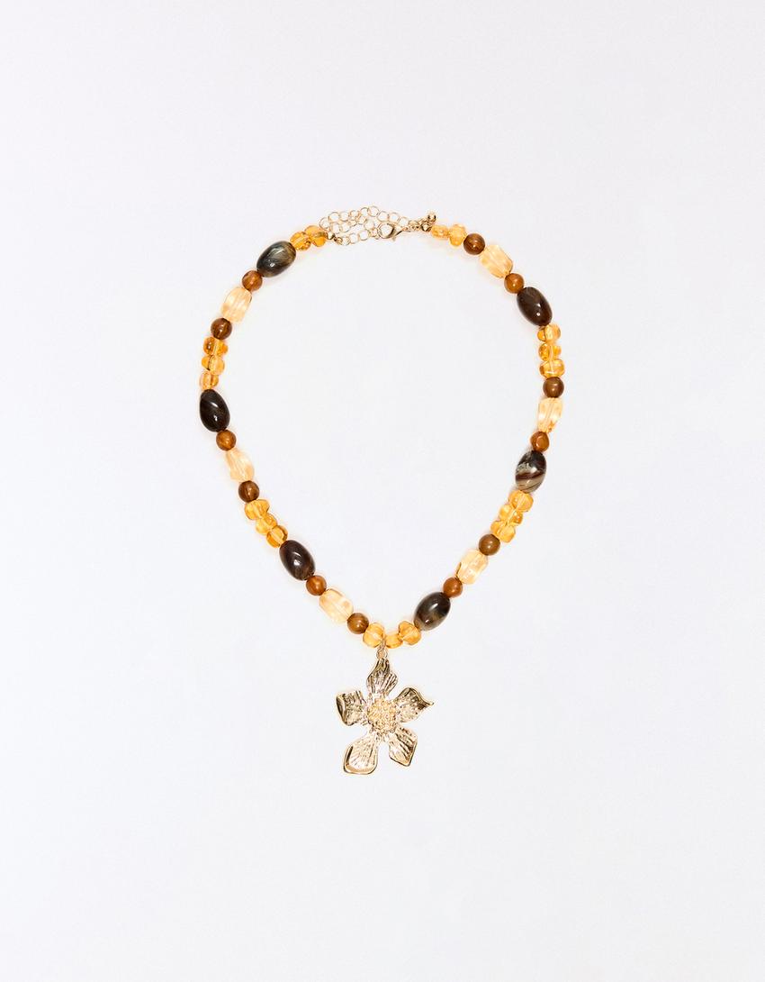 Collier boules pendentif fleur-Marron