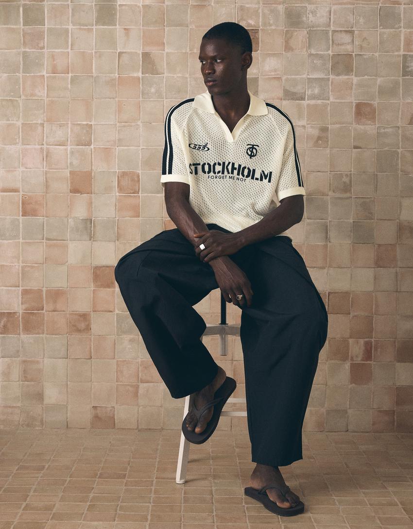 Retro sports printed mesh polo shirt-Off white