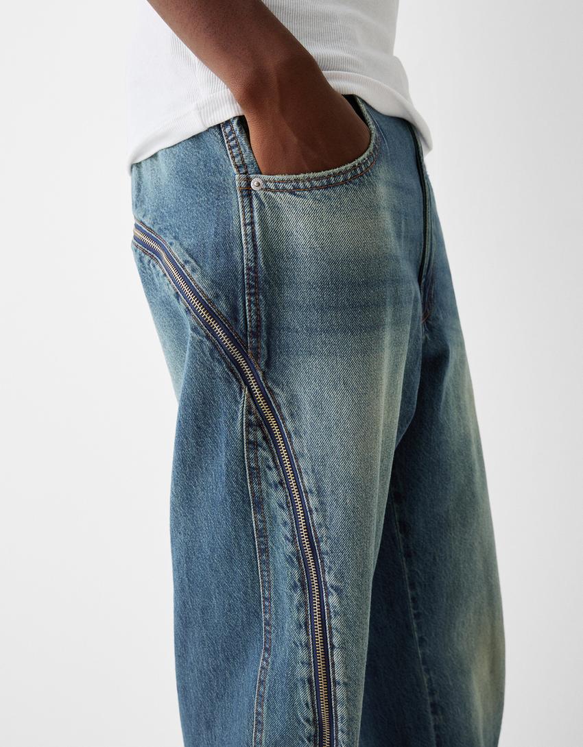 Jean baggy à fermetures Éclair-Bleu lavé-3