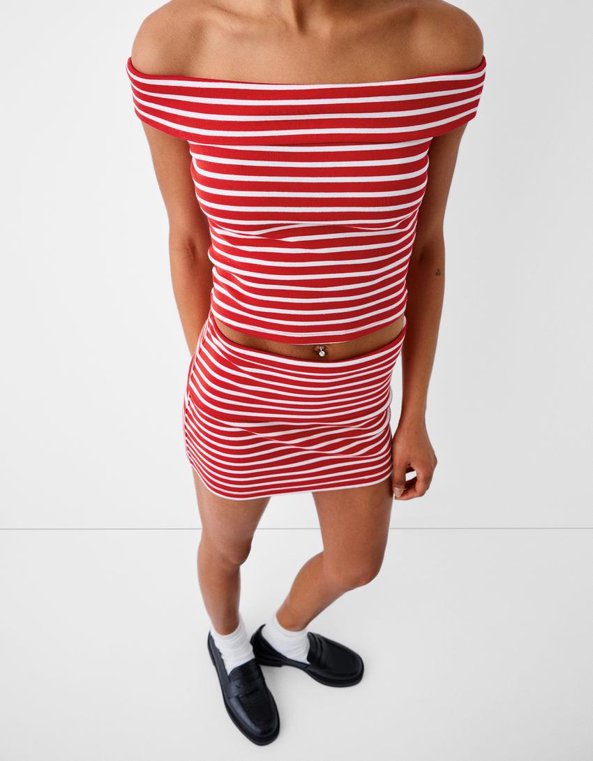 Short sleeve Bardot neck T-shirt-White-2