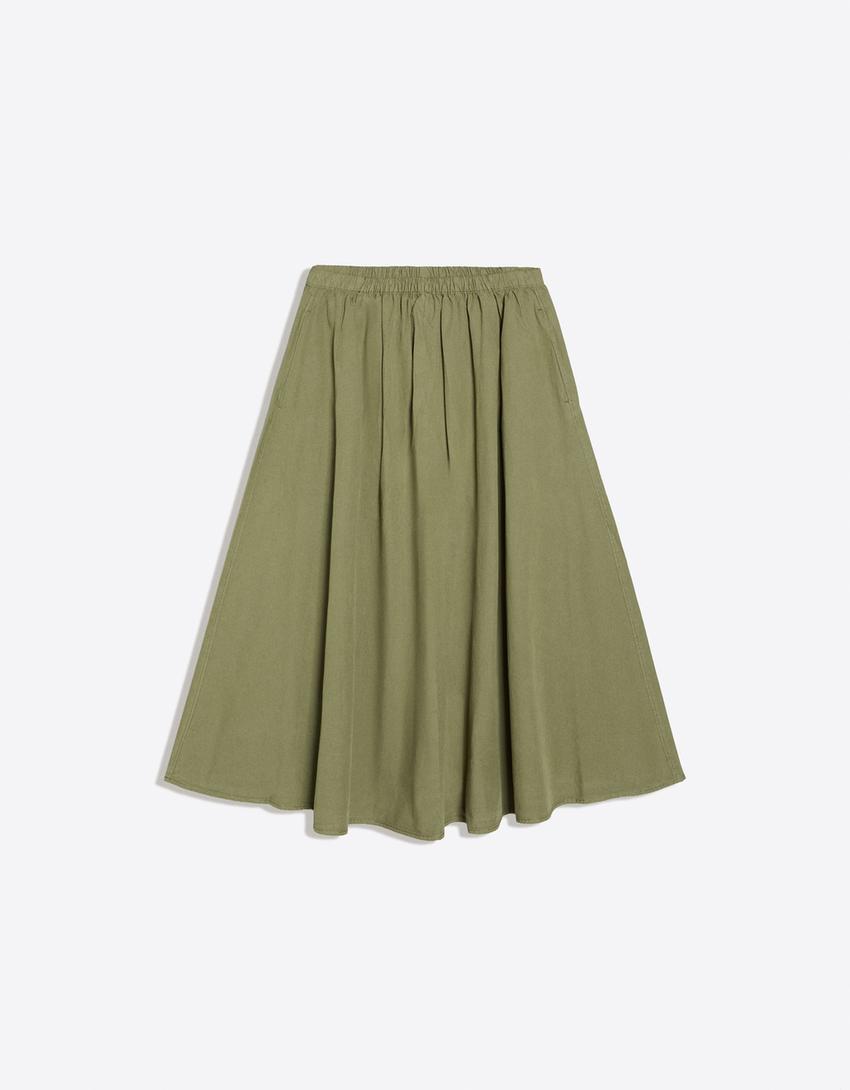Spódnica midi z elastycznym pasem-Khaki