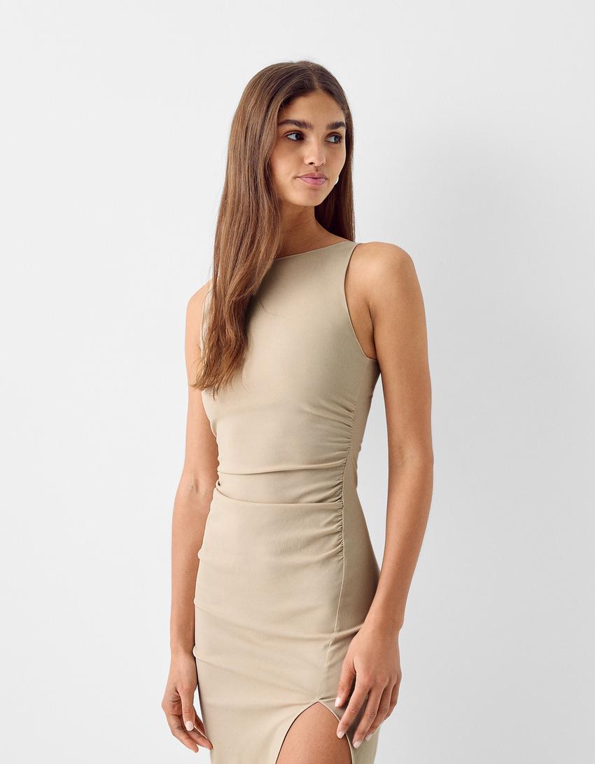 فستان بنغالي ضيق متوسط الطول بدون أكمام-رملي-1