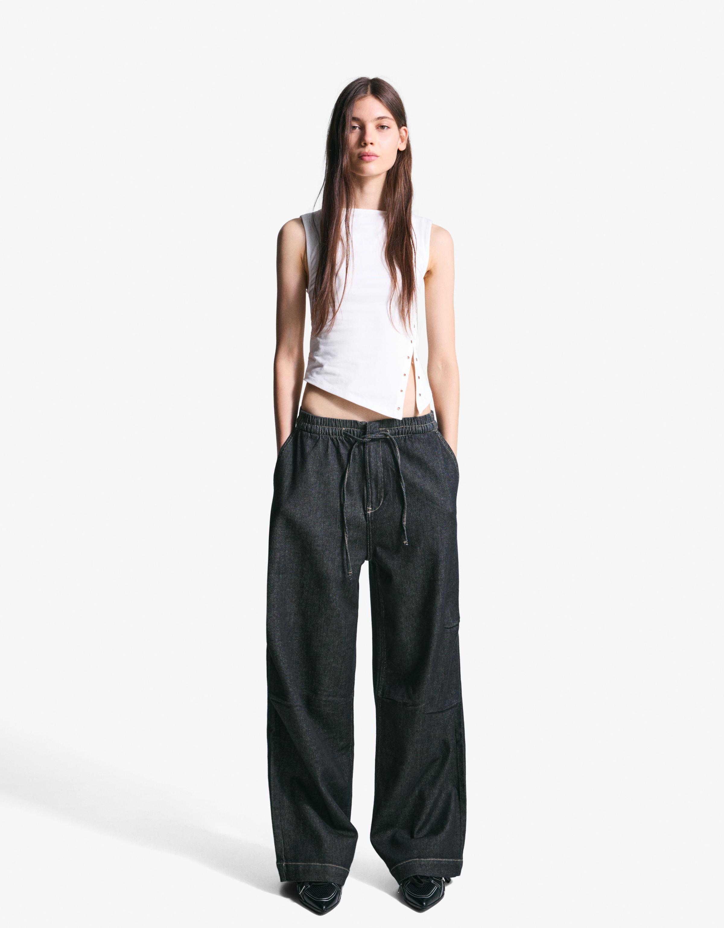 Bershka Weite Fleece-Jeans Damen 40 Marinenblau