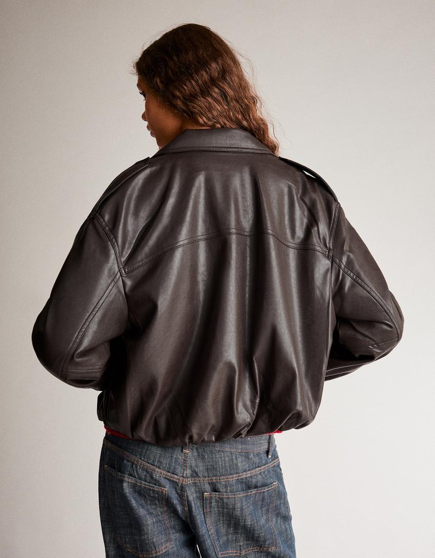 Faux leather balloon jacket-Brown
