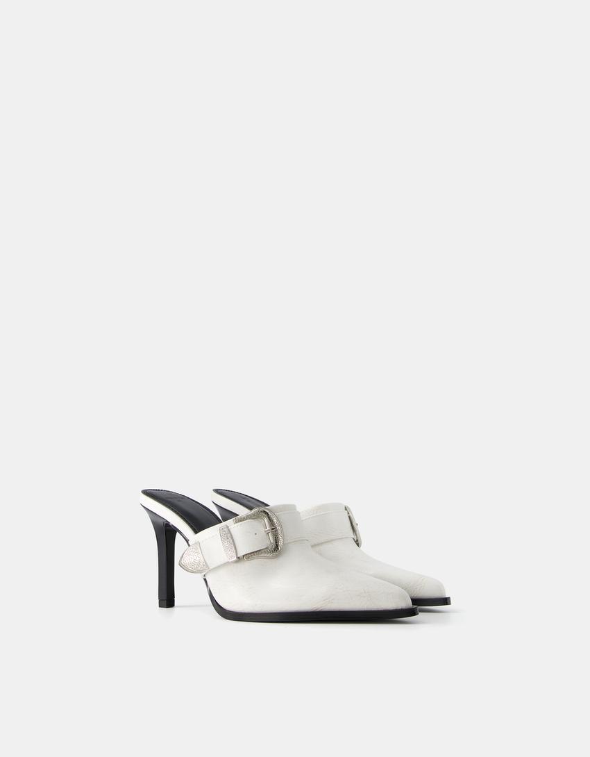 Mules talon aiguille boucle cowboy-Blanc-2