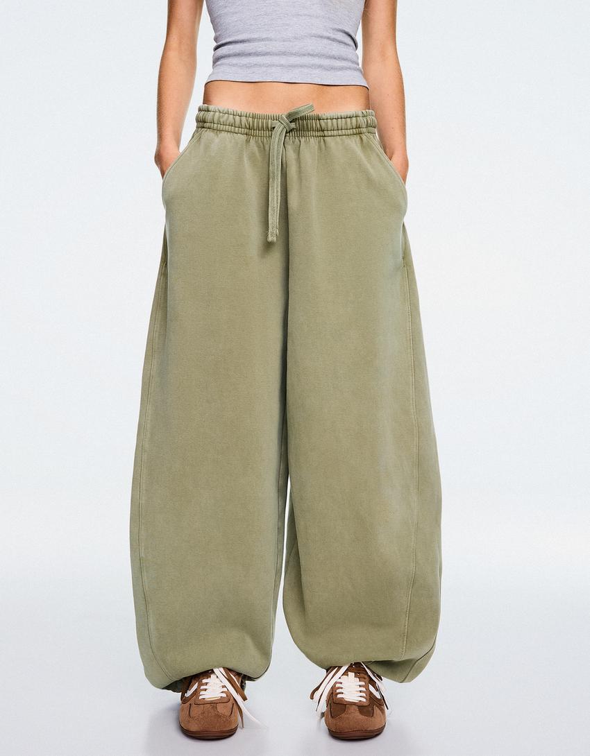 Barrel plush trousers with stoppers-Khaki