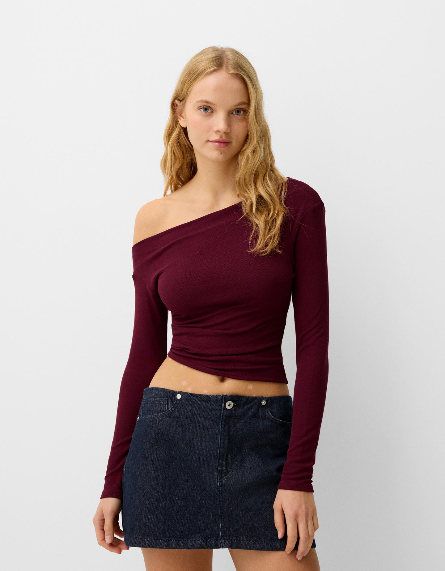 Bershka Asymmetrisches Langarmshirt Damen S Bordeaux günstig online kaufen