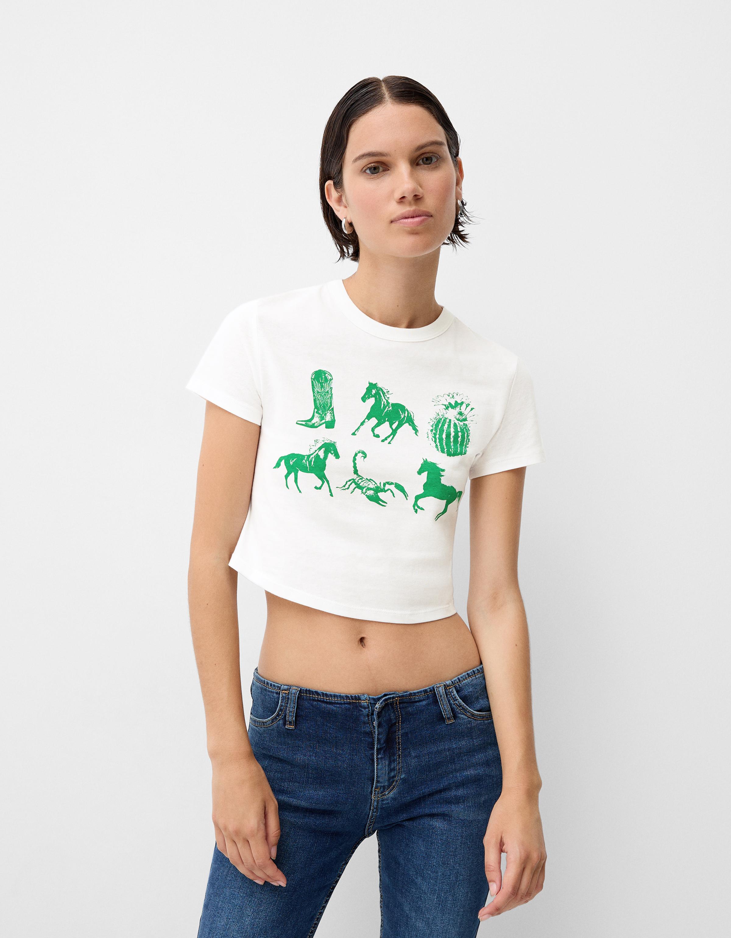 Bershka T-Shirt Mit Print Damen L Grbrochenes Weiss