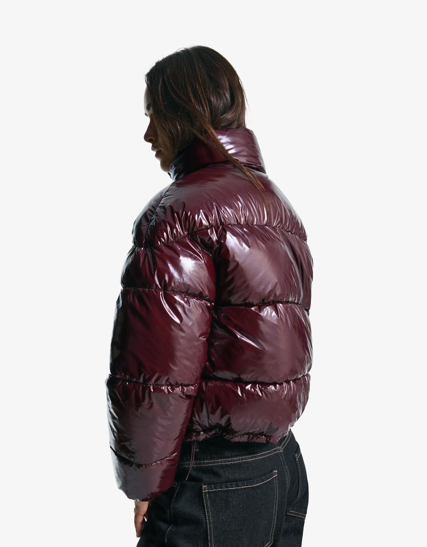 Vinyl-effect puffer jacket-Burgundy-1