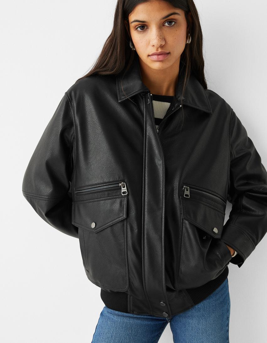 Leather effect oversize dad fit jacket-Black