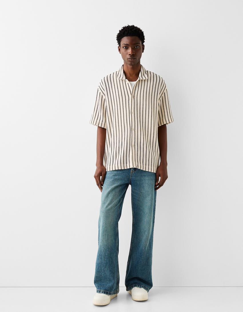 Chemise manches courtes texturée rayures-Blanc / Noir-3