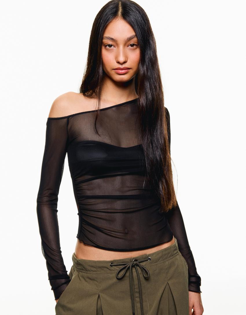Long sleeve tulle T-shirt-Black-1