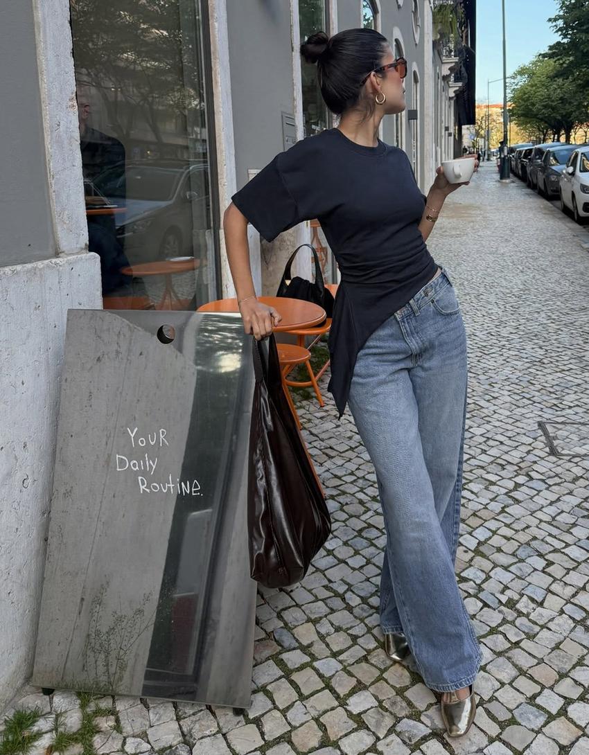 Jeans perna larga cintura subida cruzada-Azul lavado