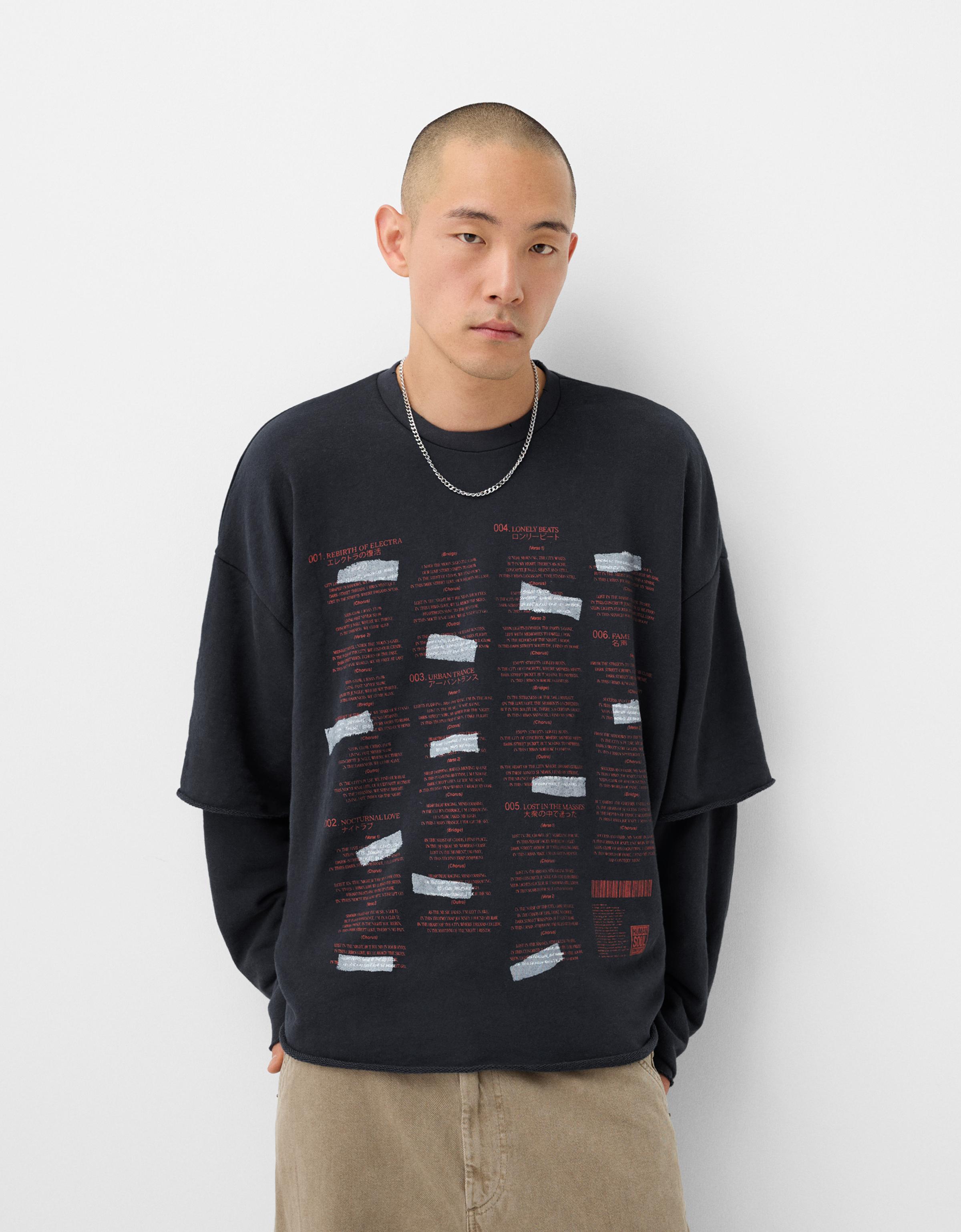 Bershka Pullover Mit Doppelten Ärmeln Und Print Herren Xs Schwarz