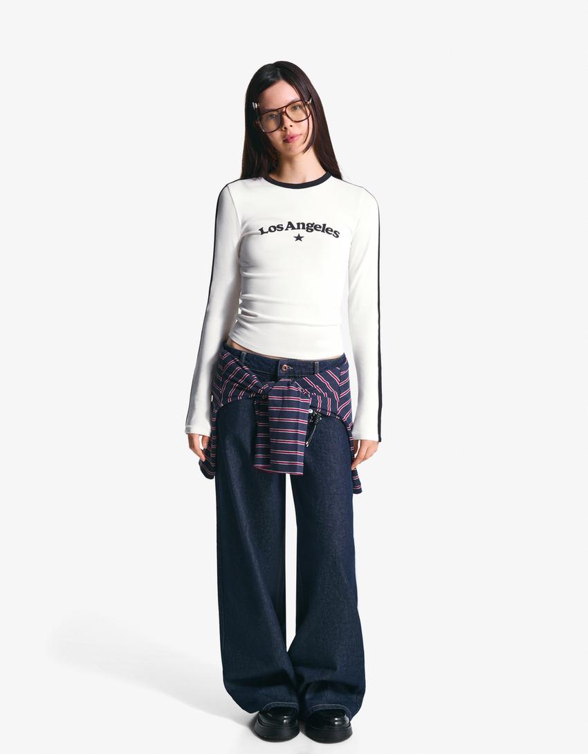 T-shirt à manches longues imprimé-Blanc cassé