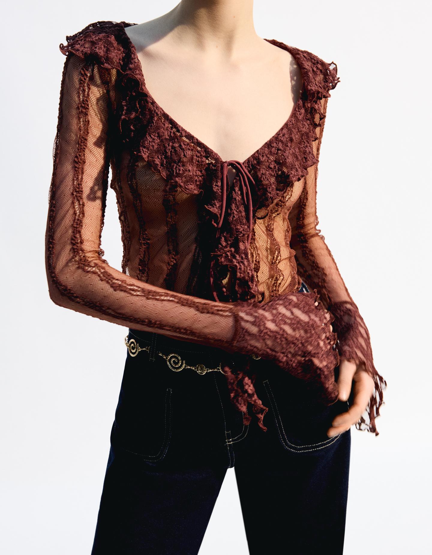 Bershka Maglietta Maniche Lunghe Pizzo Donna Xs Marrone