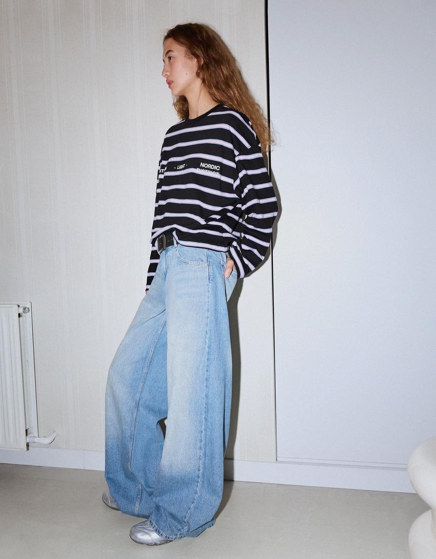 Tricou mânecă lungă oversize print-Negru