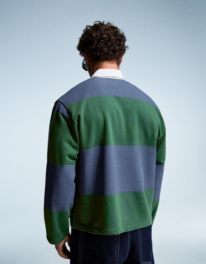 Striped long sleeve boxy fit polo shirt-Green