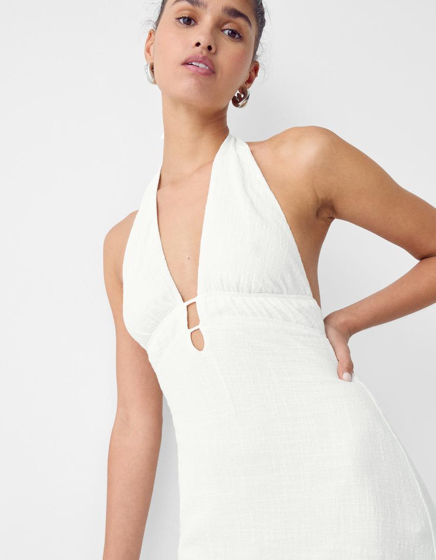 فستان قصير ريفي بياقة هالتر-أبيض-2