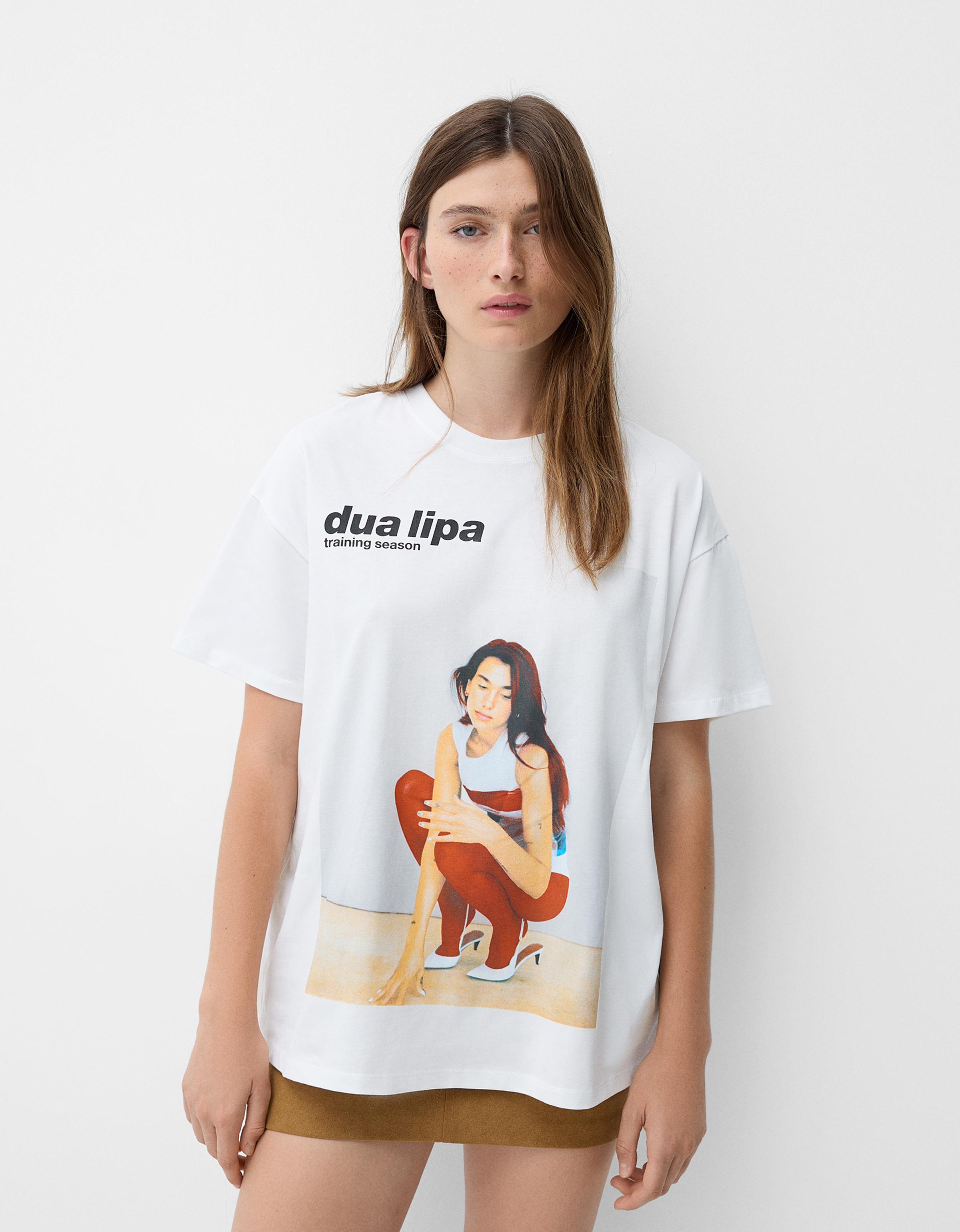 Bershka Oversize-T-Shirt Dua Lipa Mit Kurzen Ärmeln Damen L Weiss