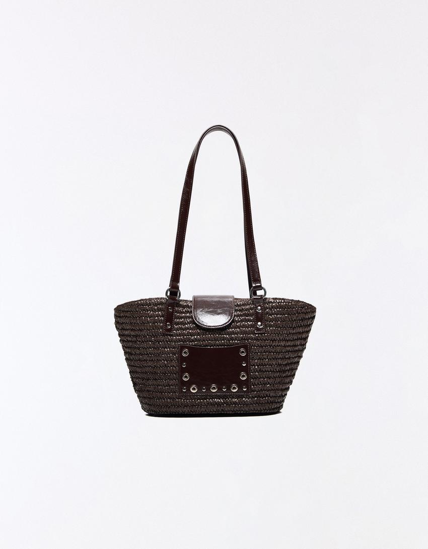Studded raffia tote bag-Brown